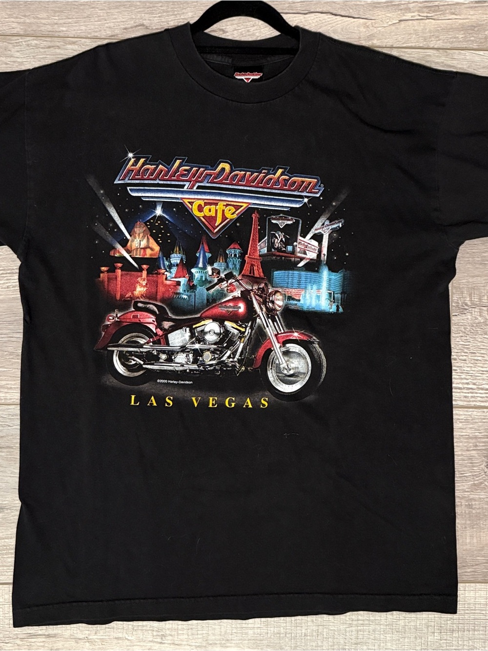 Harley-Davidson Black Tee with Red Motorcycle and Multicolor Las Vegas Graphic